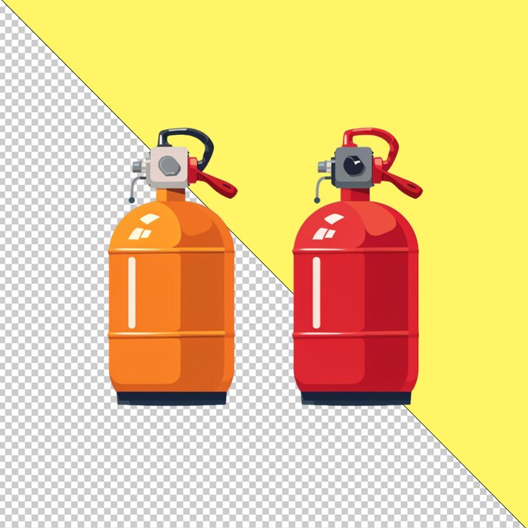 PSD dois tanques de extintor de incêndio laranja estão em um fundo amarelo