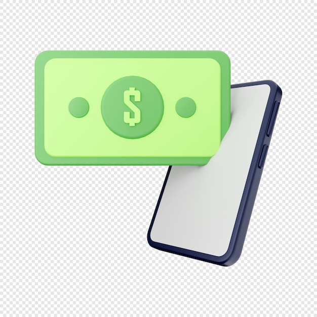 Dólar em dinheiro de ícone 3D com renderização de ilustração de smartphone