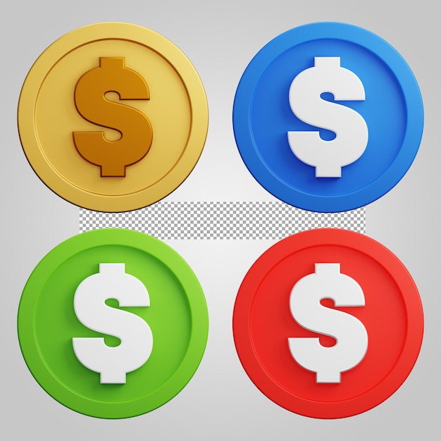 Dólar moneda finanzas oro azul verde rojo aislado sobre fondo transparente 3D Render