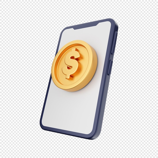 dólar de oro de moneda 3d con teléfono inteligente