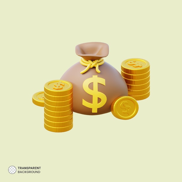 Dólar, saco, y, moneda de oro, icono, aislado, 3d, render, ilustración