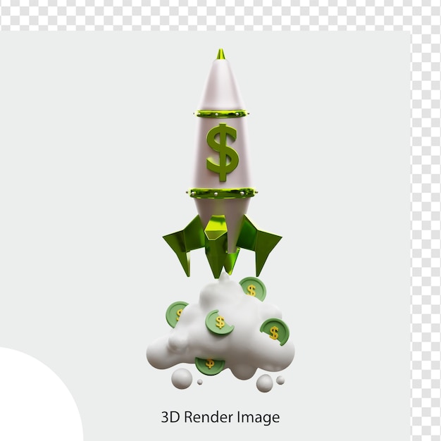 Dólar subindo alto com ilustração 3d de foguete