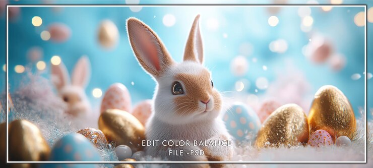 Dolce coniglietto di Pasqua circondato da uova dorate e blu