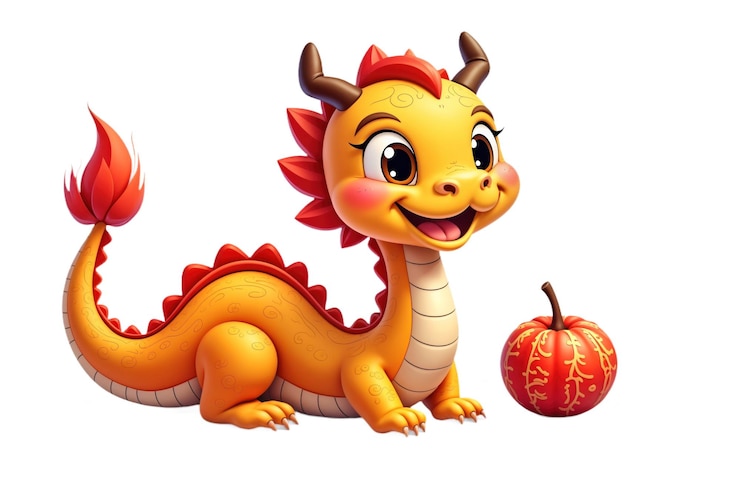 PSD dolce drago dei cartoni animati nei colori giallo e rosso drago sorridente con una zucca drago è isolato su
