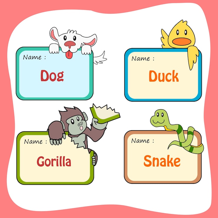 PSD dolci animali dei cartoni animati con etichette con i nomi
