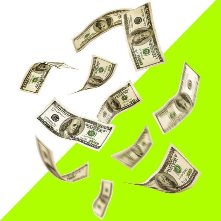 Dollar bills flying on transparent background