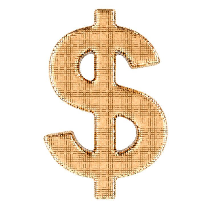 PSD dollar sign from golden glitter mirror facets 3d rendering isolated on transparent background