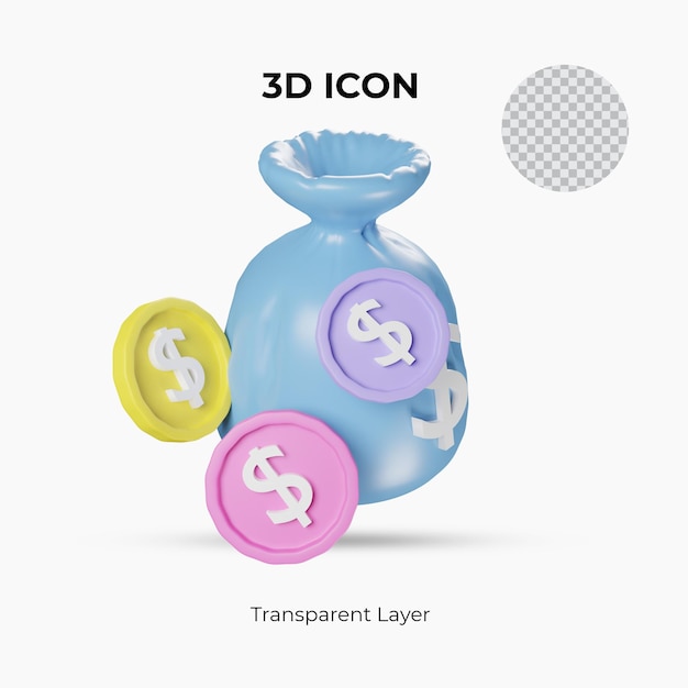 Dollaro USD moneta e borsa dei soldi 3d rendering icona trasparente vista laterale