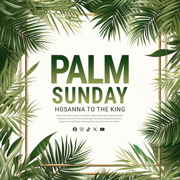 PSD el domingo de las palmeras es un día festivo realista con hojas de palmeras en el fondo.