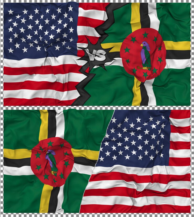 PSD dominica versus estados unidos meia bandeira combinada tesoura bump texture relação bilateral renderização 3d