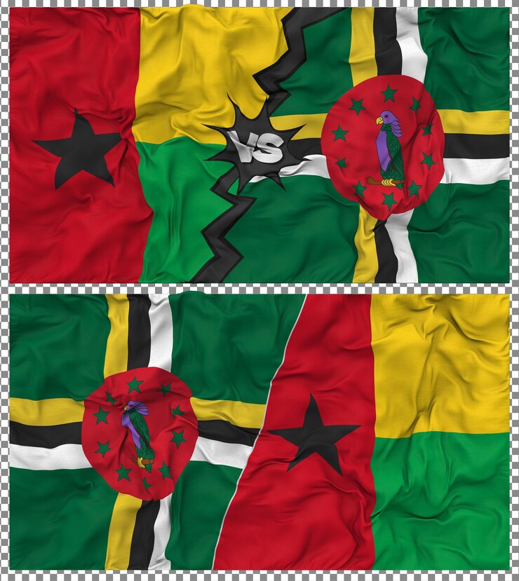 PSD dominica versus guiné-bissau meia bandeira combinada textura de tecido de bump renderização 3d