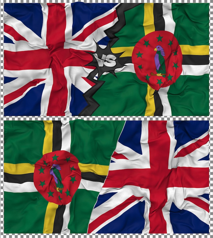 PSD la dominique contre le royaume-uni half combined flag cloth bump texture rendering 3d