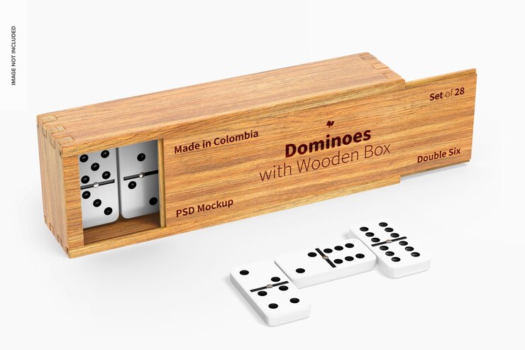 PSD dominó con maqueta de caja de madera, vista izquierda