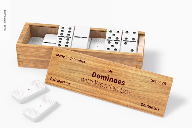 PSD dominos avec maquette de boîte en bois, ouvert