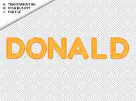 PSD donald tipografía texto amarillo vidrio brillante psd transparente