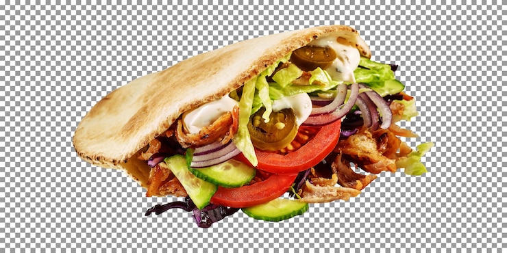 PSD doner kebab savoureux avec de la viande et des légumes isolés sur fond transparent