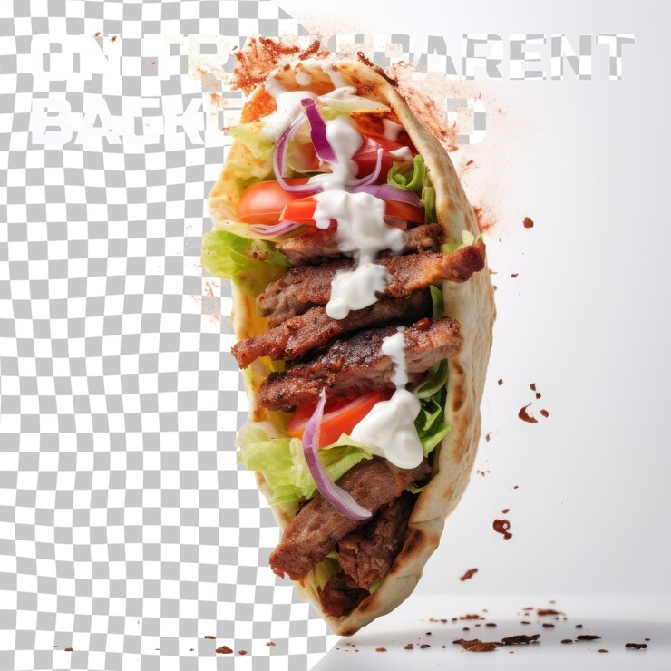 PSD doner kebab ou shawarma avec des ingrédients flottant dans l'air viande de bœuf laitue oignon tomates sp