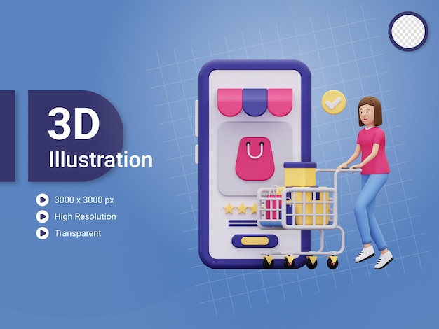 donna 3d che fa l'illustrazione di acquisto in linea