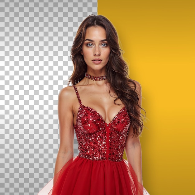 Donna affascinante con un abito da sera di paillettes rosse Sfondio trasparente