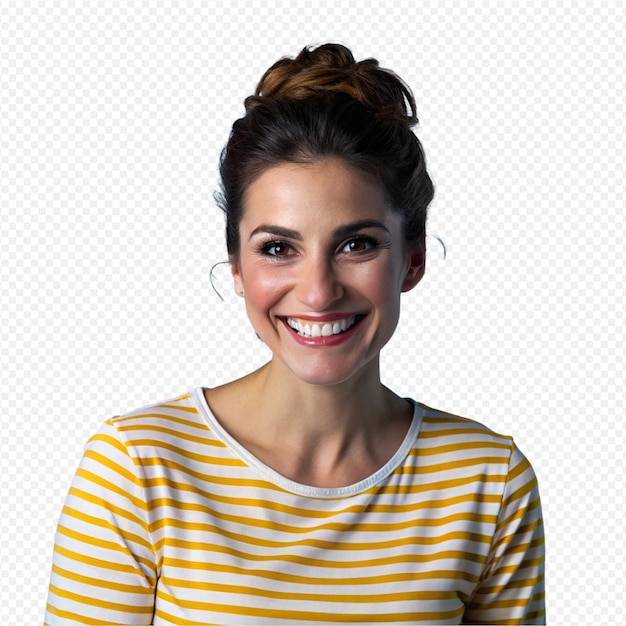 Donna allegra camicia a righe gialle e bianche sorriso luminoso capelli scuri acconciatura updo