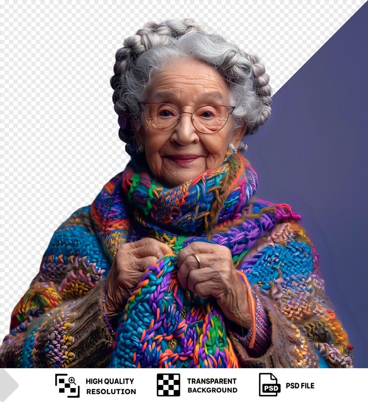 PSD donna anziana divertita che maglia filati colorati su uno sfondo blu png psd