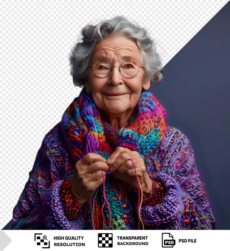 PSD donna anziana divertita che maglia filati colorati su uno sfondo blu png