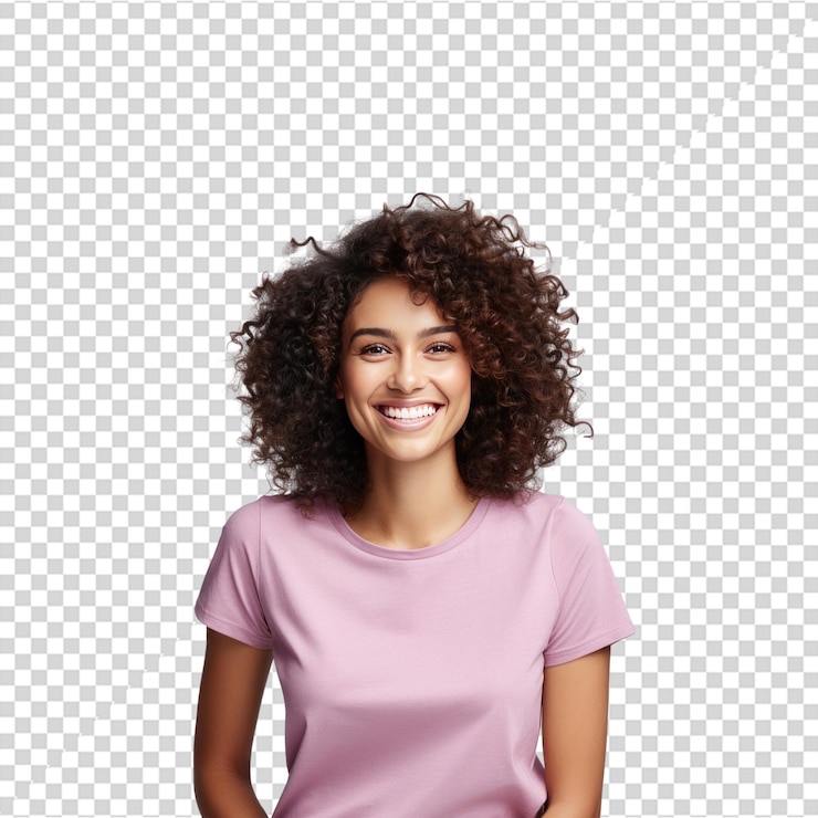 PSD donna bruna con i capelli ricci e la camicia rosa sorridente sfondo trasparente png