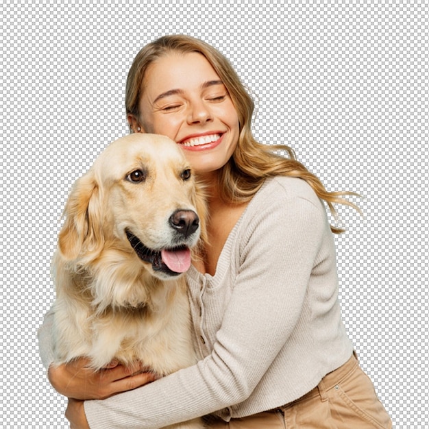 Donna che abbraccia un golden retriever