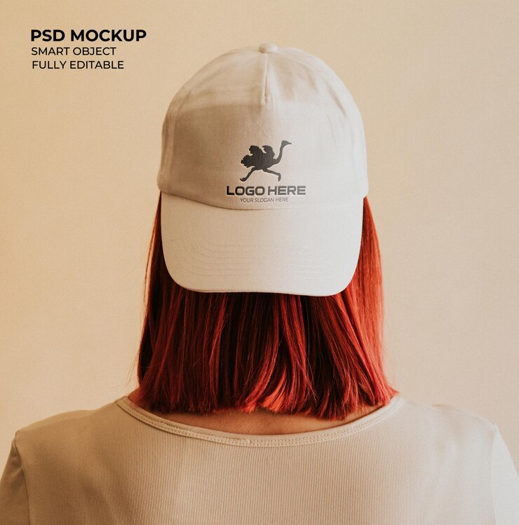 donna che indossa un mockup del logo del berretto bianco