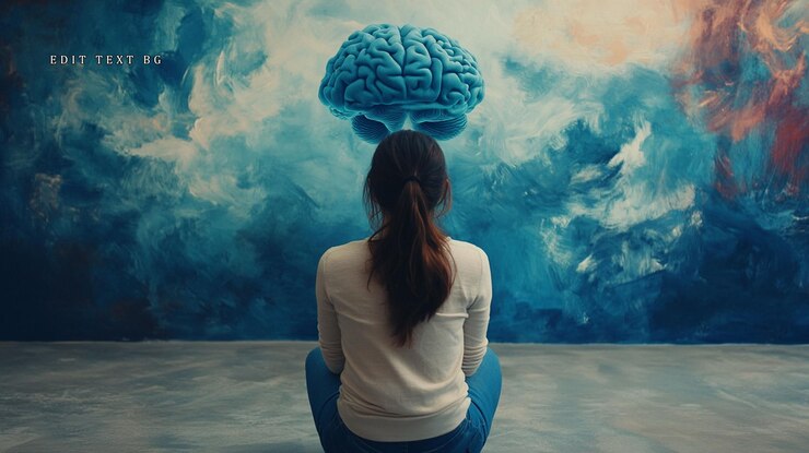 PSD donna che medita di fronte a un grande modello cerebrale sullo sfondo dell'arte astratta