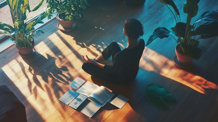 PSD donna che medita sul pavimento tra piante e libri in una stanza illuminata dal sole