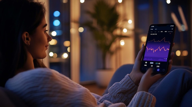 PSD donna che rivede i dati del mercato azionario su uno smartphone di notte