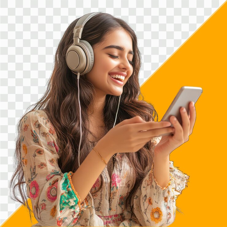 Donna che si diverte a ascoltare musica sul suo telefono