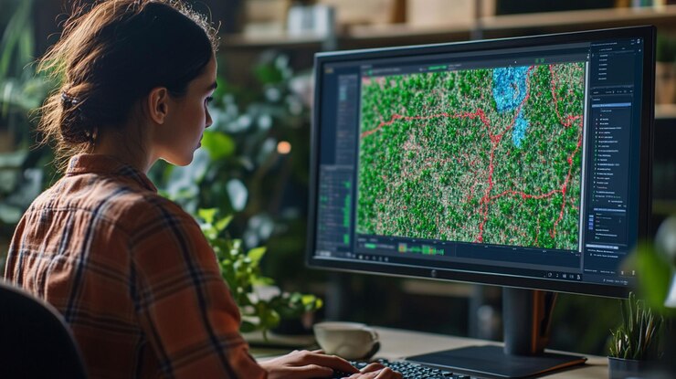 PSD donna che utilizza un software gis su un computer desktop che analizza i dati geografici visualizzati sullo schermo
