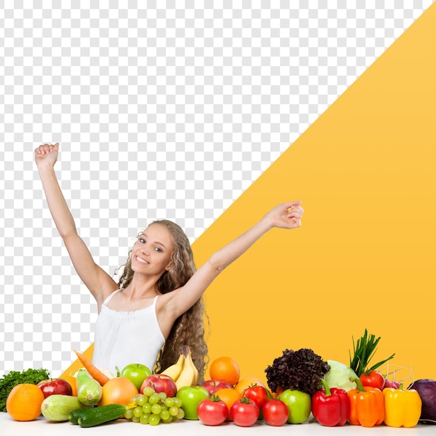 donna circondata da frutta e verdura fresca
