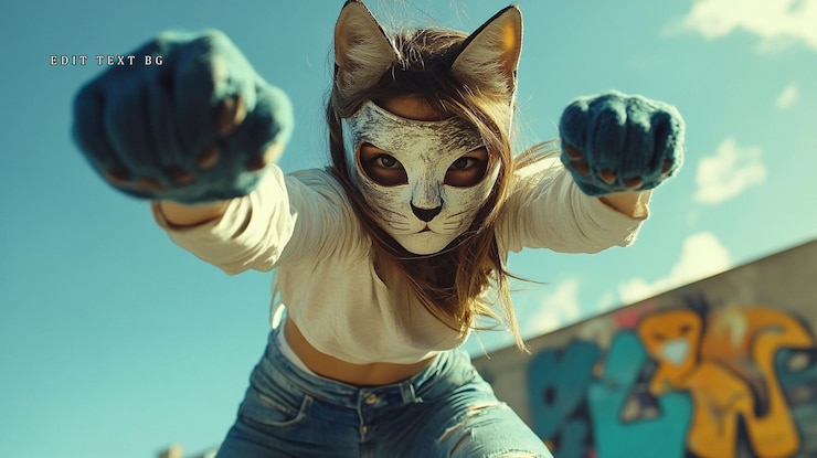 PSD donna con maschera di gatto in ambienti urbani pose potenti