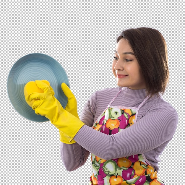 Donna con un grembiule colorato che lava un piatto
