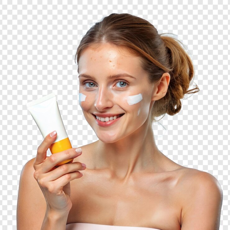 PSD donna con una crema per il viso bianca in mano modello di prodotto sullo sfondo trasparente