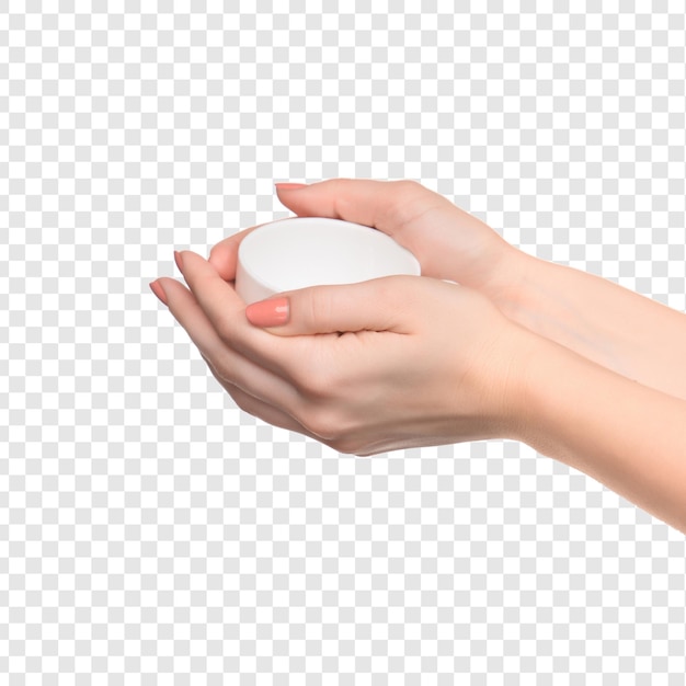 Donna con una palla bianca di sapone su uno sfondo trasparente