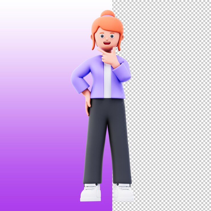 PSD donna di cartoni animati 3d che riflette con la mano sul mento