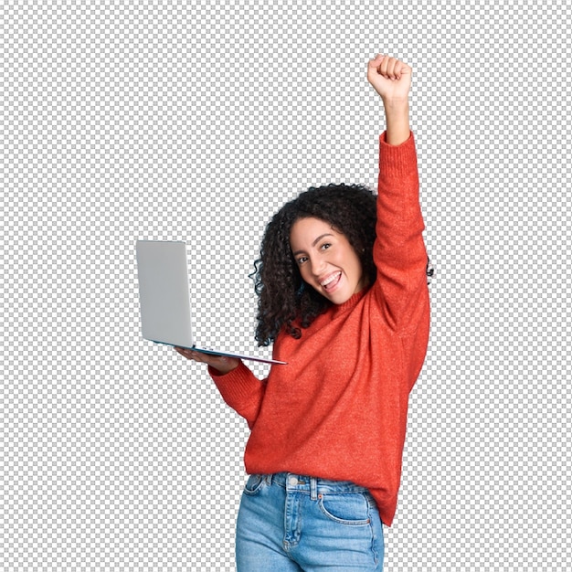 Donna eccitata che celebra con un portatile