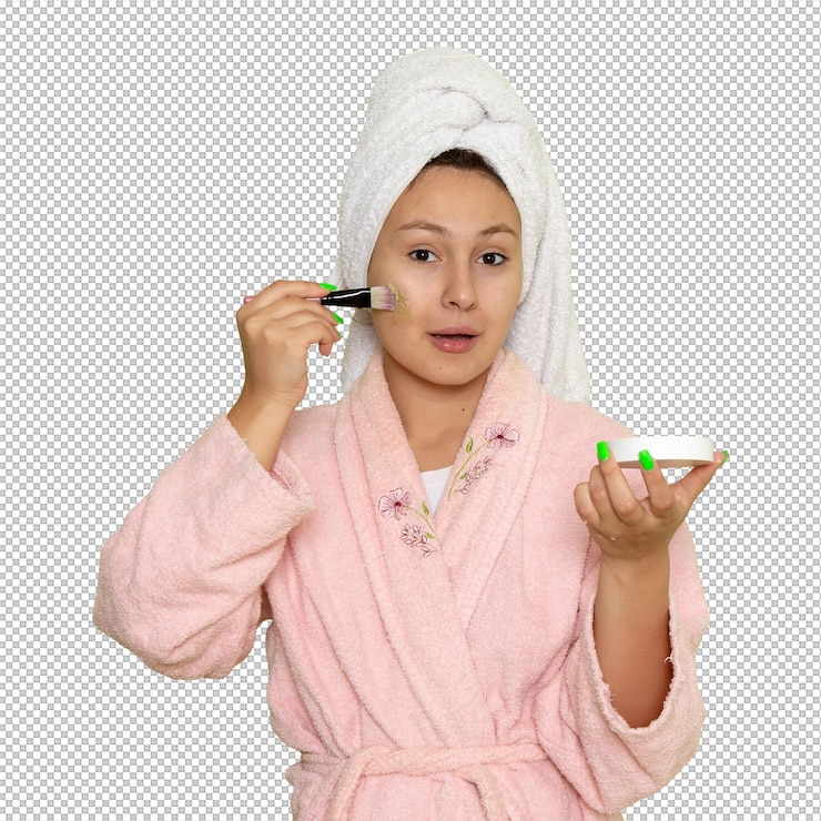 PSD donna in accappatoio rosa che si trucca