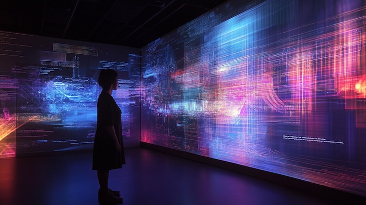 PSD donna in silhouette contro un'installazione d'arte digitale astratta vibrante in una stanza buia