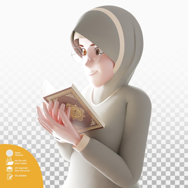 donna musulmana del fumetto che legge un libro sacro nell'illustrazione di seduta pose.3d