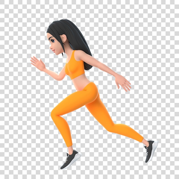 Donna personaggio cartoon in abbigliamento sportivo che corre isolato su sfondo bianco Illustrazione del rendering 3D