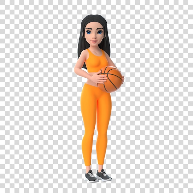 Donna personaggio cartoon in abbigliamento sportivo con palla da basket isolata su sfondo bianco rendering 3D