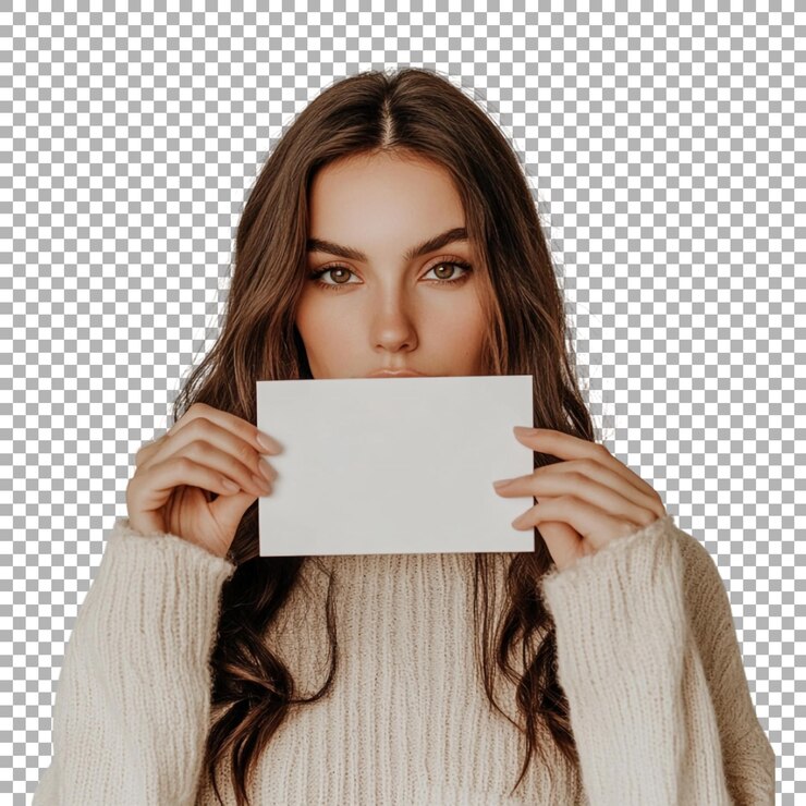PSD donna png con una carta bianca in mano su uno sfondo trasparente