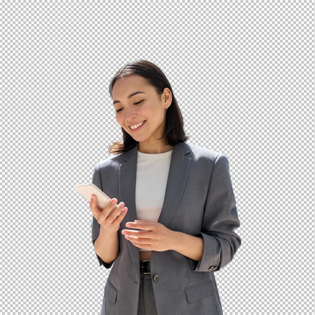Donna professionale in abito grigio che sorride mentre guarda il suo smartphone