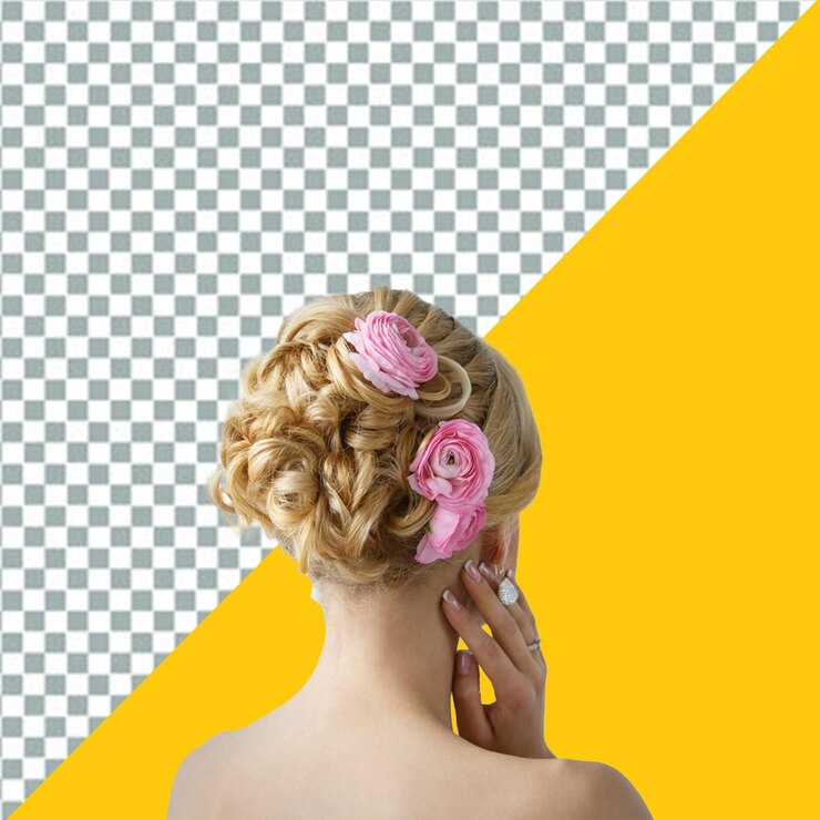 PSD donna psd con un fiore rosa nei capelli sullo sfondo trasparente