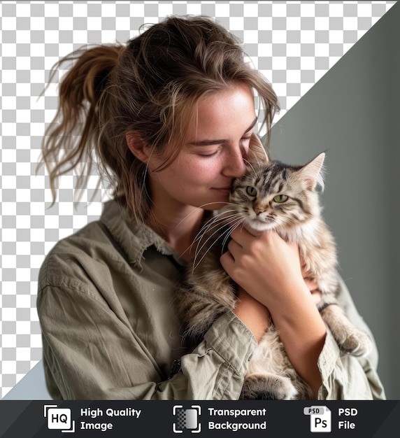 donna psd trasparente di alta qualità in una camicia tiene il suo gatto adorabile nelle sue mani e guarda attentamente il suo concetto di giocare e prendersi cura degli animali domestici